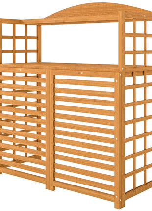 Outdoor Air Conditioner Fence Privacy Screen, Wood AC Fence Potting Table with Shelves for Patio, Light Brown