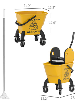 Mop Bucket with Wringer on Wheels for Floor Cleaning, 27.5 Quart Down Press Wringer with Handle and Mop, Yellow