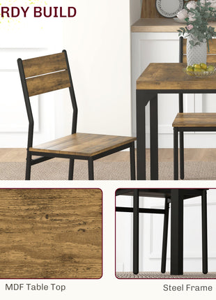 3 Piece Dining Room Set for 2, Dining Table Set for Breakfast Nook, Small Space, Apartment, Space Saving, Rustic Brown