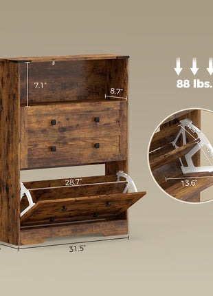 Shoe Cabinet with 2 Flip Drawers, Narrow Shoe Storage Cabinet, Rustic Brown