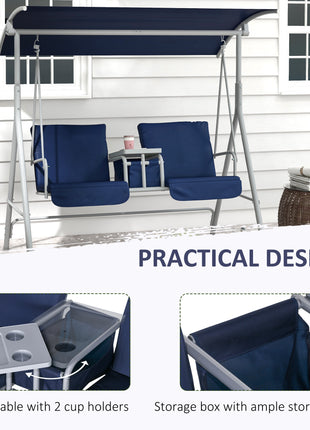 2-Seater Outdoor Porch Swing with Canopy and Table, Patio Swing Chair for Garden, Poolside, Backyard, Dark Blue