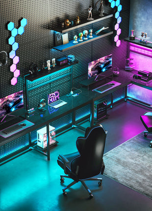 61.6" L Shaped Gaming Desk with Power Outlets & LED Lights, Computer Desk with Monitor Stand and CPU Shelf, Black