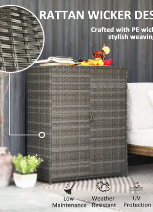 Rattan Wicker Outdoor Storage Cabinet with 4 Shelves and 2 Doors for Garden Pool Towel Storage, Mixed Gray