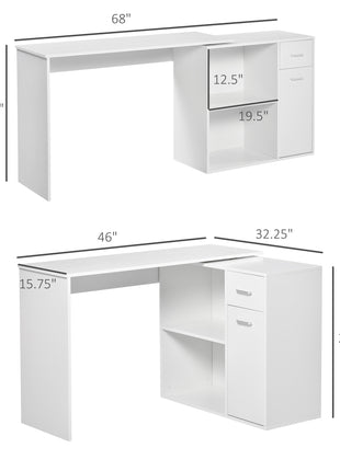 L Shaped Computer Desk, 180° Rotating Corner Desk with Storage Shelves, Drawer and Cabinet, Study Workstation for Home Office, 47.25"x19.75"x 53.75", White