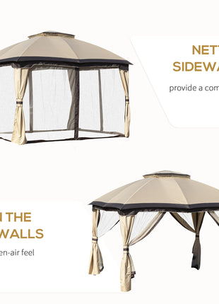 10' x 12' Outdoor Gazebo, Patio Gazebo Canopy Shelter w/Double Vented Roof, Zippered Mesh Sidewalls, Solid Steel Frame, Beige