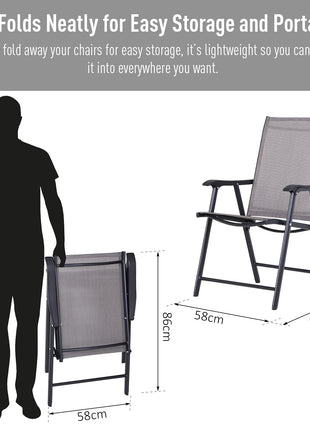 Set of 2 Outdoor Folding Chairs, Stackable Patio Dining Chairs with Armrests, Metal Frame, Gray