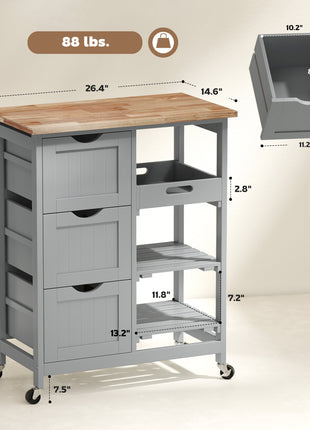 Rolling Kitchen Cart, Kitchen Island with Wood Top, Shelves & Drawers for Dining Area, Gray