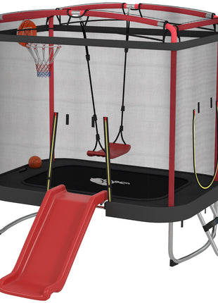 4 x 6FT Trampoline for Kids Indoor & Outdoor with Slide, Swing, Basketball Hoop and Safety Enclosure, Red