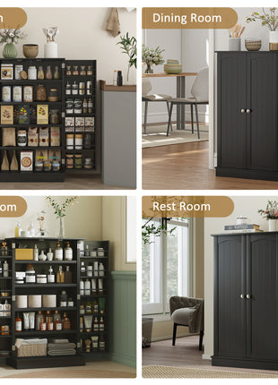 Freestanding Kitchen Pantry Cabinet, Kitchen Cabinet with 12 Door Shelves, Double Doors, 5-tier Shelving, Black
