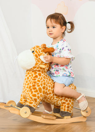 Rocking Horse, 2 in 1 Kids Ride on Horse, Rolling Giraffe Animal Rocker with Sound, Wooden Base, Pedal, Grip Handle, Plush Riding Pony for 3-6 Years Old, Yellow