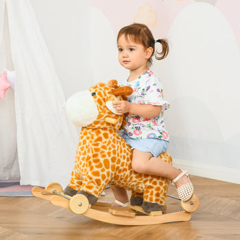 Rocking Horse, 2 in 1 Kids Ride on Horse, Rolling Giraffe Animal Rocker with Sound, Wooden Base, Pedal, Grip Handle, Plush Riding Pony for 3-6 Years Old, Yellow
