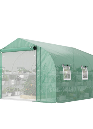 10'x11'x6' Walk-in Tunnel Greenhouse with Shelves, Mesh Door and Windows, Plant Hot House with PE Cover, Green