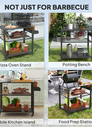 3-Tier Outdoor Grill Cart with Storage Racks, Side Handle, Movable Pizza Oven Table on Wheels