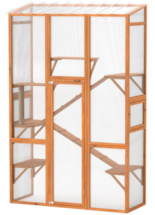 Outdoor Catio Cat Enclosure, Large Wooden Cat House with 6 Jumping Platforms, Scratching Post, 2 Ramps, for 2-3 Kittens