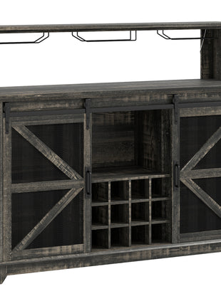 55" Coffee Bar Cabinet with Lights, Farmhouse Wine Cabinet with Wine and Glass Racks for Kitchen, Dining Room, Brown