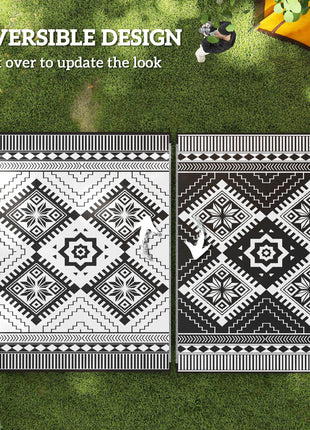 Reversible Outdoor Rug, Waterproof Plastic Straw with Carry Bag, 9' x 12', White & Black Toothed Rhombus