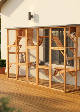 Large Catio with Multiple Shelves & Bridges, Catio with Ramps, Cat Window Box Enclosure for Outdoor Use, Orange