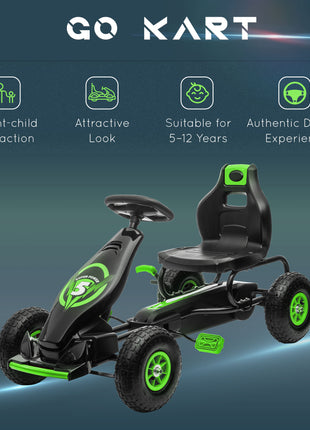 Ergonomic Pedal Go Kart Kids Ride-on Toy with Tough, Wear-Resistant Tread for Boys & Girls, Ages 5-12, Green
