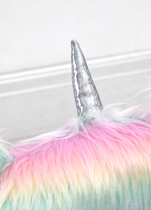Fluffy Unicorn Office Chair with Mid-Back and Armrest Support, 5 Star Swivel Wheel White Base, Rainbow
