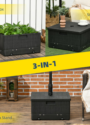 3-in-1 Outdoor Umbrella Base, Coffee End Table, Flower Box Planter, 175lbs Capacity Patio Umbrella Stand Table with Wheels and Handles, Black