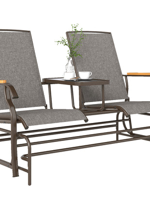 Outdoor 2-Person Glider Bench, Outside Glider Swing Chair Loveseat with Table, Steel Frame, Light Mixed Brown