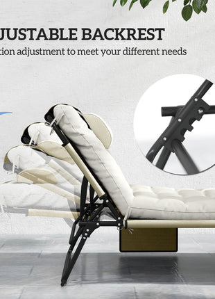 Folding Chaise Lounge Pool Chair with 4-level Reclining Back, Cushion, Side Pocket, Headrest, Beige
