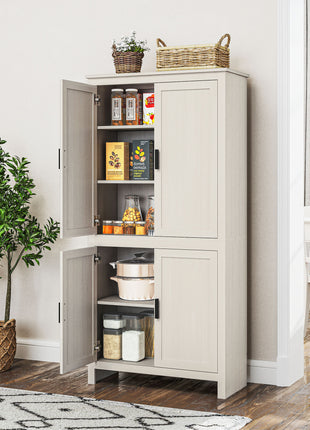 64" 4-Door Kitchen Pantry, Freestanding Storage Cabinet with 3 Adjustable Shelves for Kitchen, Antique White