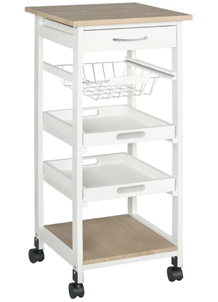 Mobile Kitchen Cart, Rolling Kitchen Island with Storage, Solid Wood Frame Utility Cart with Wire Fruit Baskets, Trays and Drawer, White