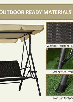 3-Seat Patio Swing Chair, Outdoor Canopy Swing Glider with Removable Cushion, Pillows, Adjustable Shade, and Rattan Seat, for Porch, Garden, Poolside, Backyard
