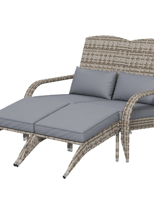Wicker Adirondack Chair for 2 with Cushions & Footrests, PE Rattan Double Chaise Lounge Chair, Fire Pit Chair for Porch with Wide Armrests, High-back, Gray