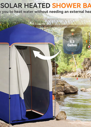 Camping Shower Tent, Portable Privacy Shelter with Solar Shower Bag, Removable Floor and Carrying Bag, Blue