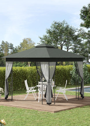  10' x 10' Metal Patio Gazebo, Double Roof Outdoor Gazebo Canopy Shelter with Tree Motifs Corner Frame and Netting, for Garden, Lawn, Backyard, and Deck, Gray