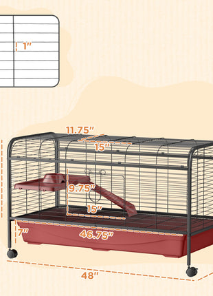 48" L Small Animal Cage, Pet Play House for Rabbit Hutch or Ferret with Feeder, Rolling Wheels, Platform, Ramp