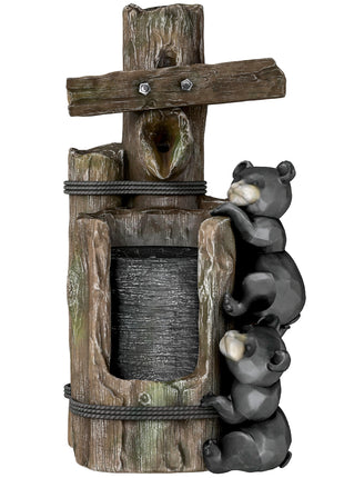 22.8" Water Fountain, 3-Tier Resin Bears on Log Outdoor Waterfall Fountain with LED Lights, Pump