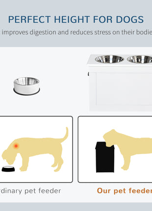 Raised Pet Feeding Storage Station with 2 Stainless Steel Bowls Base for Large Dogs and Other Large Pets, White