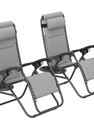 Zero Gravity Lounge Chair Set, 2 Pieces Reclining Folding Outdoor Lounge Chairs with Headrest Side Tray, Light Gray
