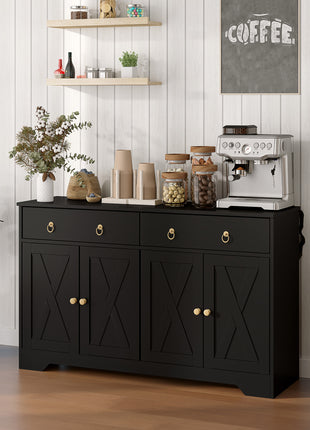 Kitchen Storage Sideboard, Farmhouse Buffet Cabinet with Barn Style Doors, Drawers, Adjustable Shelves, Black
