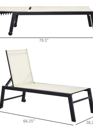 Outdoor Chaise Lounge with Wheels, Five Position Recliner for Sunbathing, Suntanning, Steel Frame, Breathable Fabric for Beach, Yard, Patio, Cream White