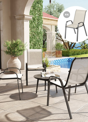 Set of 4 Outdoor Dining Chairs, Stackable Patio Chairs with High Back, Breathable Mesh Seat for Garden Lawn, Beige