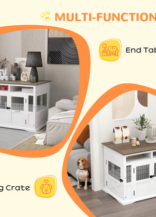 Dog Kennel Furniture Side End Table with Storage, Double Doors for Small and Medium Dogs, White