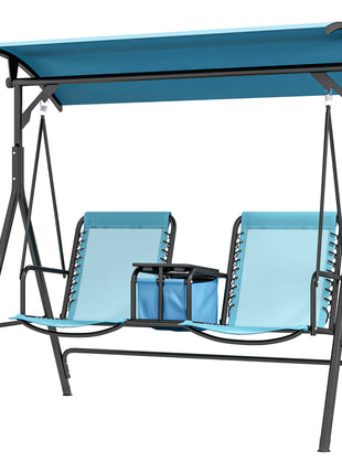 2 Person Porch Swing with Canopy, Storage Table, Cup Holder, Blue