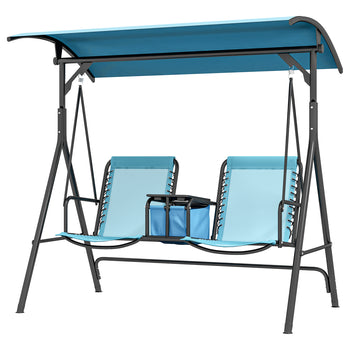 2 Person Porch Swing with Canopy, Storage Table, Cup Holder, Blue