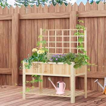 47'' Wooden Raised Garden Bed with Trellis, Coutryside Style Elevated Planter Box Stand with Open Storage Shelf, Spacious Planting Area for Vegetables, Herbs, Flowers