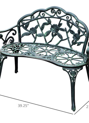 Outdoor Bench, Cast Aluminum Outdoor Furniture, Metal Bench with Floral Rose Accent & Antique Finish, Green