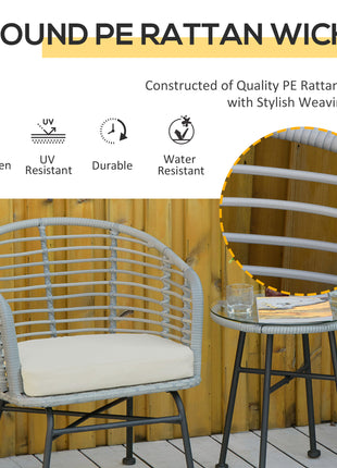 3 Piece Patio Bistro Set, PE Rattan with Cushioned Barrel Chairs & Glass Coffee Table, Conversation Set, Cream White