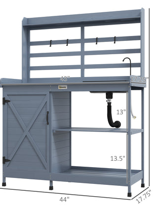 Wooden Potting Bench with Storage, Sink, Water Tap for Backyard, Patio, Balcony, Gray
