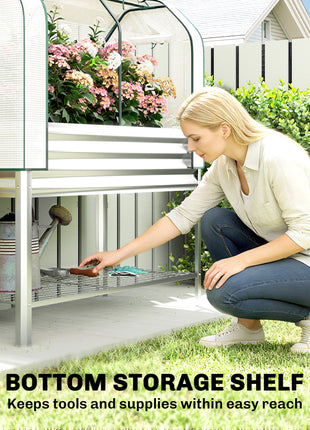Galvanised Raised Garden Bed with Greenhouse Cover, Metal Elevated Garden Bed with Bed Liner, Bottom Shelf, Silver