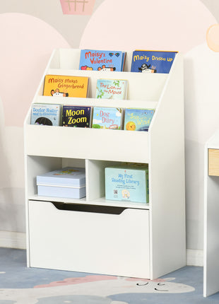 Kids Bookcase Multi-Shelf Book Rack with Mobile Drawer for Books, Toys, White