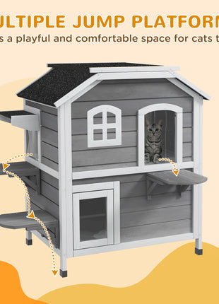  2-story Cat House Outdoor, Weatherproof Wooden Cat Enclosure for Feral Cats with Escape Door, Openable Roof, Jumping Platforms, Gray