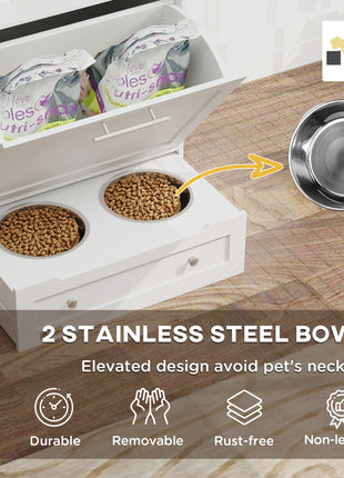 Pet Feeder Station Storage Cabinet, Dog Food Storage Container with Dog Raised Bowls, Watering Supplies, White